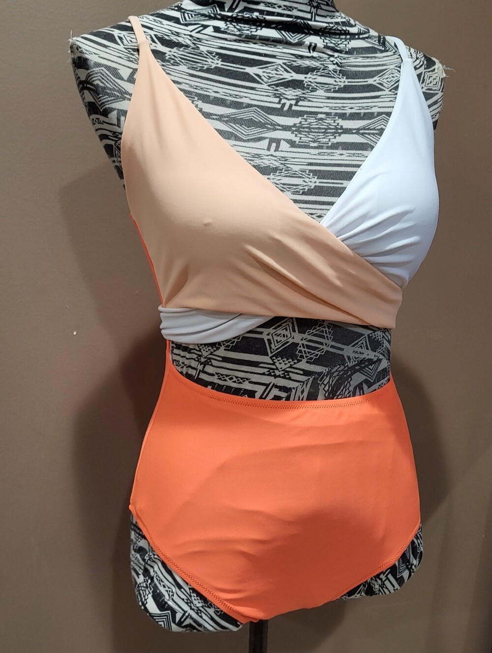 Colorblock Orange & White Wrap-Top High-Waist Swimsuit